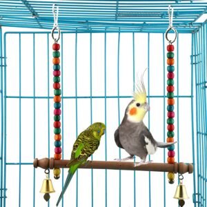 Wooden swing with colorful wooden beads suitable for a pair of small or medium birds