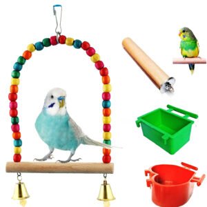 Budgies cage accessories package pack of 2 feeder, 2 perch & 1 wooden swing
